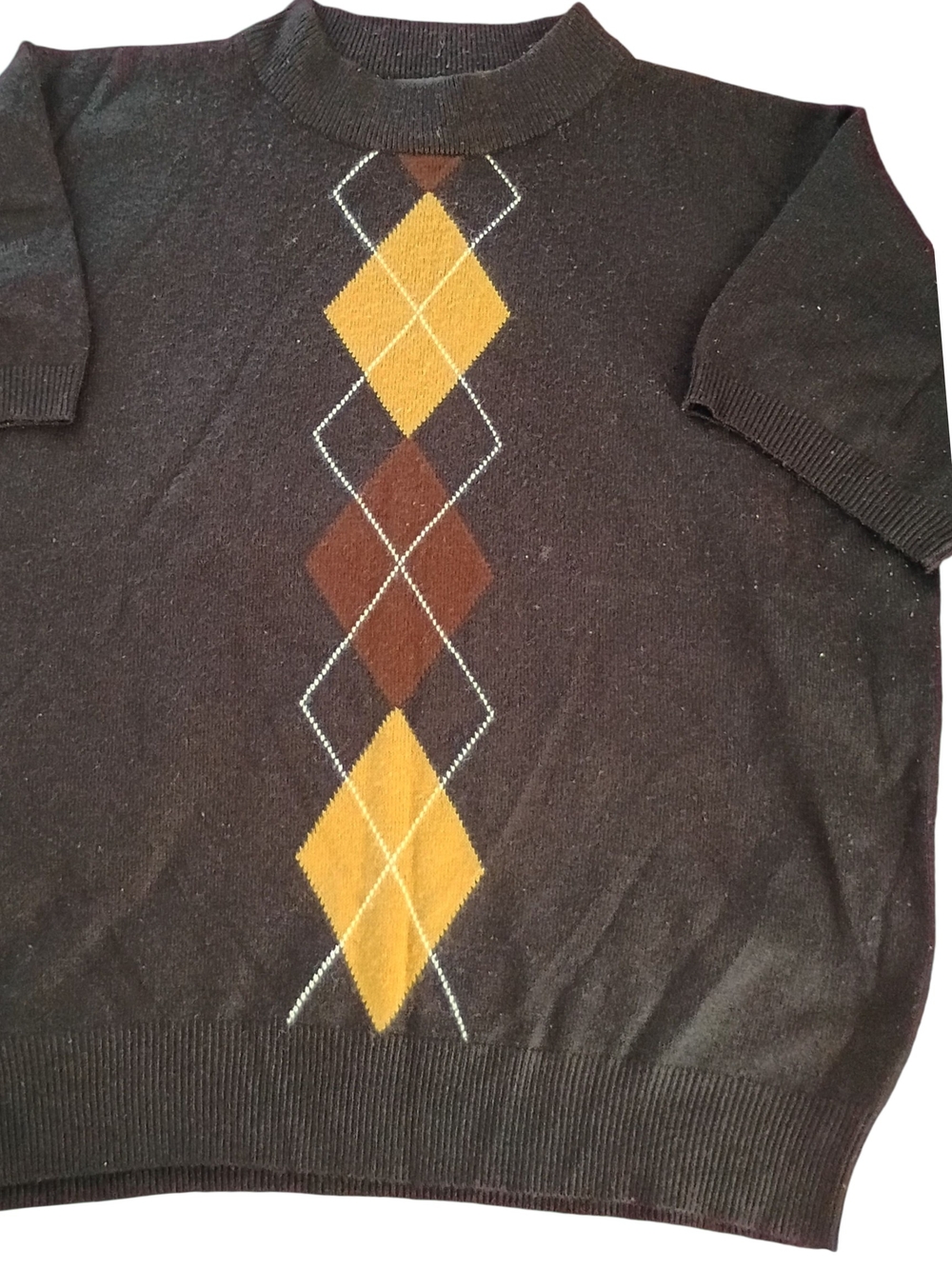 Men's Black Crewneck Argyle Sweater with Gold and Brown Diamonds